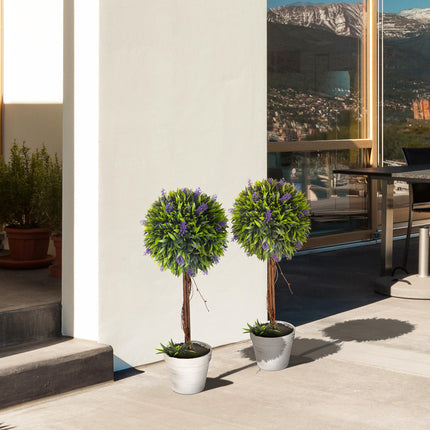 Set of 2 Decorative Artificial Ball Trees with Lavender Flowers in Pot 60cm - Green