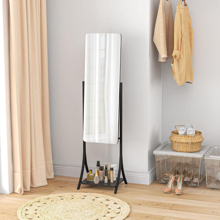 Full Length Free Standing Dressing Mirror with Adjustable Angle & Storage Shelf - Black
