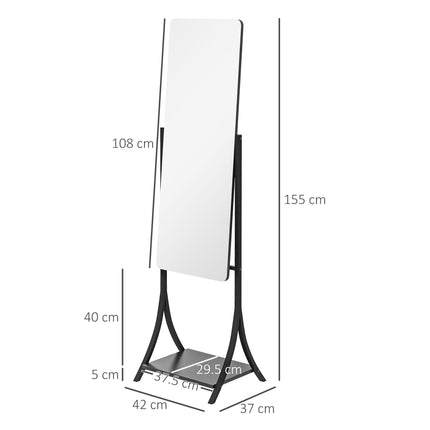 Full Length Free Standing Dressing Mirror with Adjustable Angle & Storage Shelf - Black