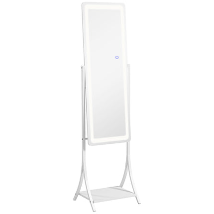 Full Length Free Standing Dressing Mirror with LED Lights, 3 Temperature Colours & Storage Shelf - White