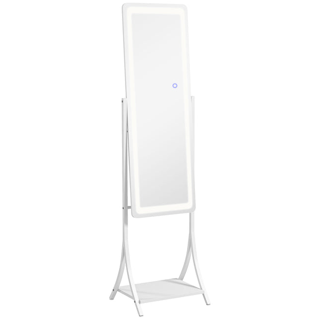Full Length Free Standing Dressing Mirror with LED Lights, 3 Temperature Colours & Storage Shelf - White