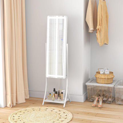 Full Length Free Standing Dressing Mirror with LED Lights, 3 Temperature Colours & Storage Shelf - White