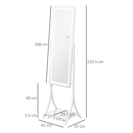 Full Length Free Standing Dressing Mirror with LED Lights, 3 Temperature Colours & Storage Shelf - White