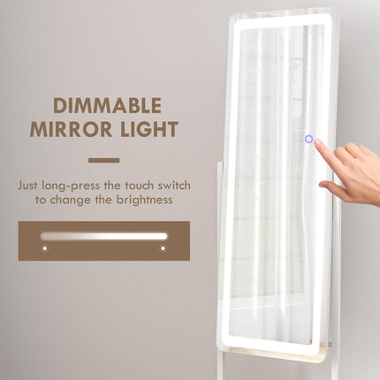 Full Length Free Standing Dressing Mirror with LED Lights, 3 Temperature Colours & Storage Shelf - White
