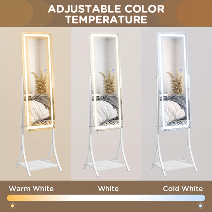 Full Length Free Standing Dressing Mirror with LED Lights, 3 Temperature Colours & Storage Shelf - White
