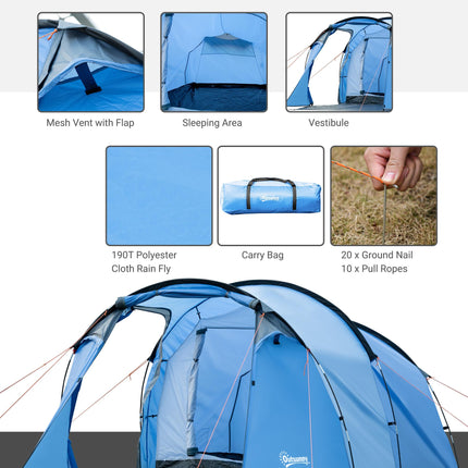 3 Man Tunnel Camping Tent with Vestibule and Weather-Resistant Rainfly - Blue