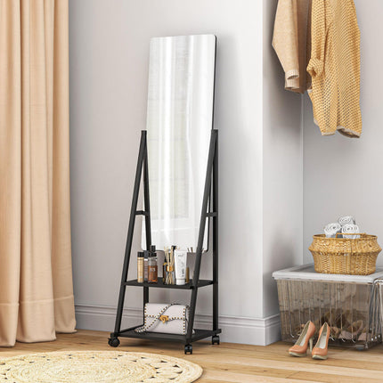 Free Standing Full Length Dressing Mirror with Adjustable Angle, Rolling Wheels & Storage Shelves - Black