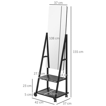 Free Standing Full Length Dressing Mirror with Adjustable Angle, Rolling Wheels & Storage Shelves - Black