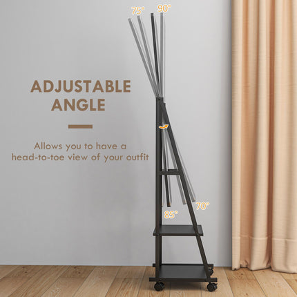 Free Standing Full Length Dressing Mirror with Adjustable Angle, Rolling Wheels & Storage Shelves - Black
