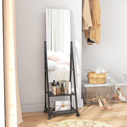 Free Standing Full Length Dressing Mirror with Adjustable Angle, Rolling Wheels & Storage Shelves - Black