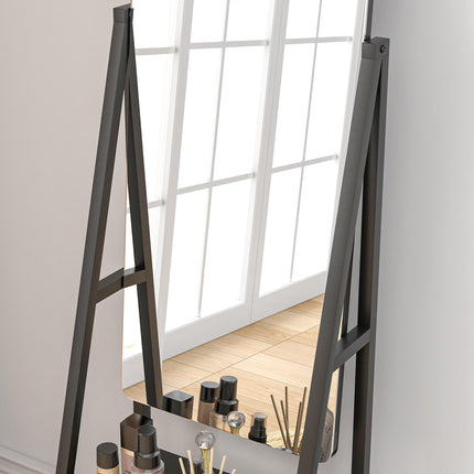 Free Standing Full Length Dressing Mirror with Adjustable Angle, Rolling Wheels & Storage Shelves - Black