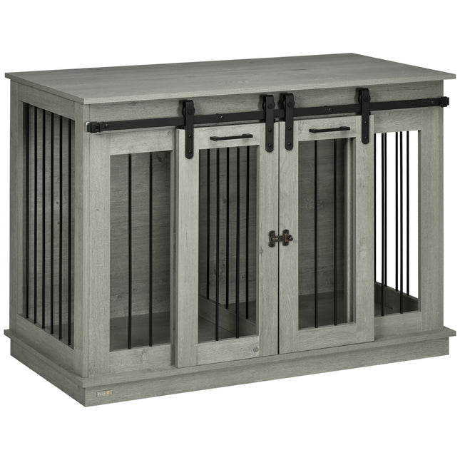 Double Dog Crate Furniture for Large and Small Dogs - Grey Wood Grain