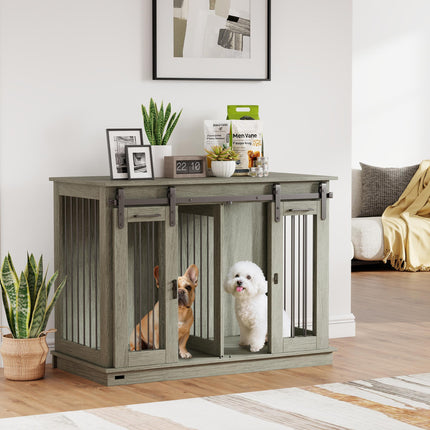 Double Dog Crate Furniture for Large and Small Dogs - Grey Wood Grain