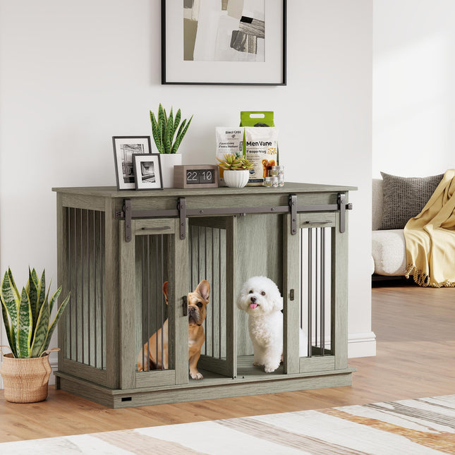 Double Dog Crate Furniture for Large and Small Dogs - Grey Wood Grain