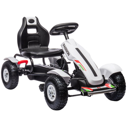 Children's Pedal Go Kart with Adjustable Seat, Handbrake & Inflatable Tyres for Ages 5-12 - White