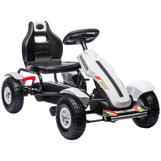 Children's Pedal Go Kart with Adjustable Seat, Handbrake & Inflatable Tyres for Ages 5-12 - White