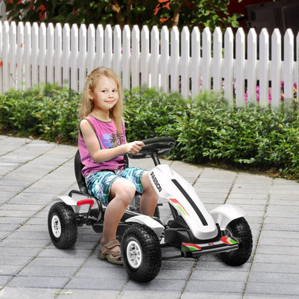 Children's Pedal Go Kart with Adjustable Seat, Handbrake & Inflatable Tyres for Ages 5-12 - White