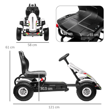 Children's Pedal Go Kart with Adjustable Seat, Handbrake & Inflatable Tyres for Ages 5-12 - White