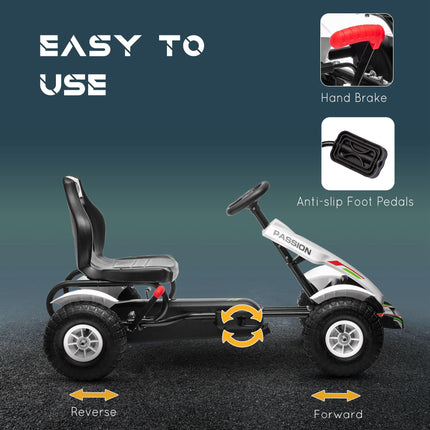 Children's Pedal Go Kart with Adjustable Seat, Handbrake & Inflatable Tyres for Ages 5-12 - White