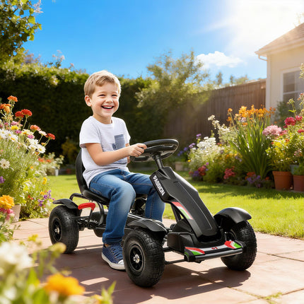 Metal Kids Pedal Go Kart with Adjustable Seat and Inflatable Tyres - Black