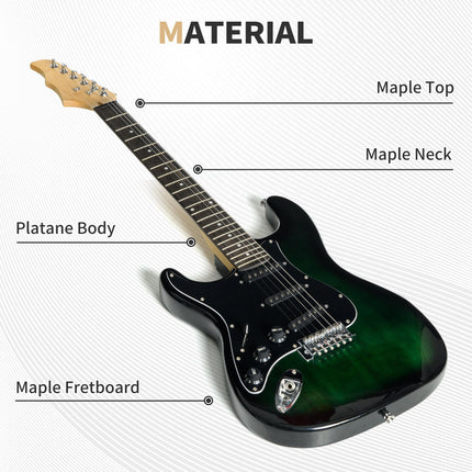 6 String Right-Handed Electric Guitar Kit with 15W Amp, Digital Tuner, Picks, Strap & Case Bag - Black Green