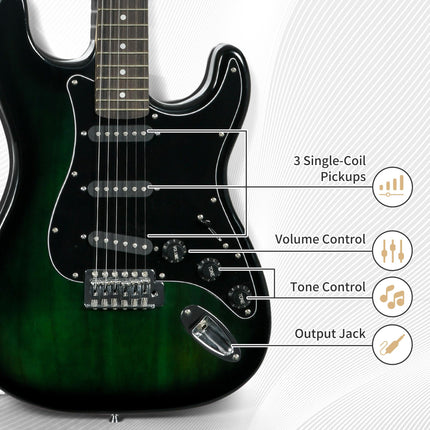 6 String Right-Handed Electric Guitar Kit with 15W Amp, Digital Tuner, Picks, Strap & Case Bag - Black Green