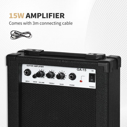 6 String Right-Handed Electric Guitar Kit with 15W Amp, Digital Tuner, Picks, Strap & Case Bag - Black Green