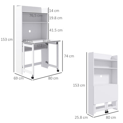 Foldable Desktop, Computer Desk with Storage Shelves, 80 x 69 x 155 cm, White