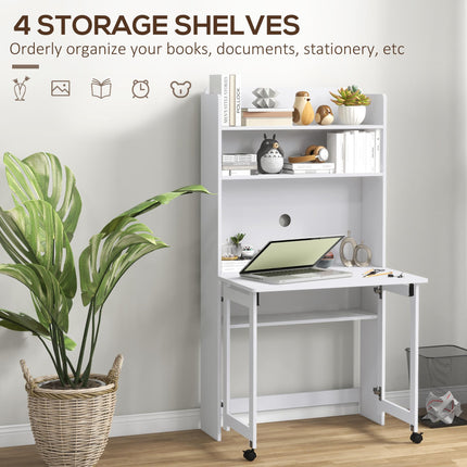 Foldable Desktop, Computer Desk with Storage Shelves, 80 x 69 x 155 cm, White