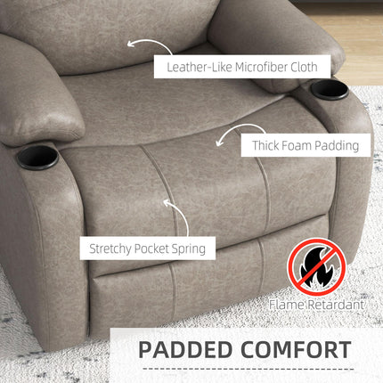 Microfibre Recliner Armchair with Adjustable Leg Rest and Dual Cup Holders - Brown
