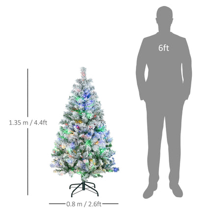 4.5' Artificial Snow Christmas Tree with Frosted Branches, LED Lights & Steel Base - Warm White or Colourful