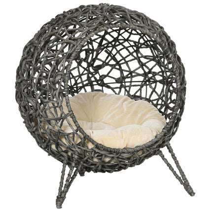 Rattan Elevated Ball-Shaped Cat Bed with Removable Cushion - Silver-Tone and Grey