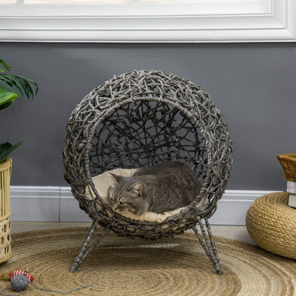 Rattan Elevated Ball-Shaped Cat Bed with Removable Cushion - Silver-Tone and Grey