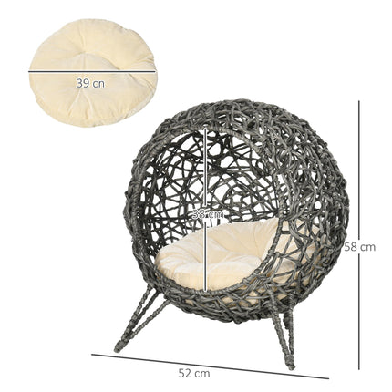 Rattan Elevated Ball-Shaped Cat Bed with Removable Cushion - Silver-Tone and Grey