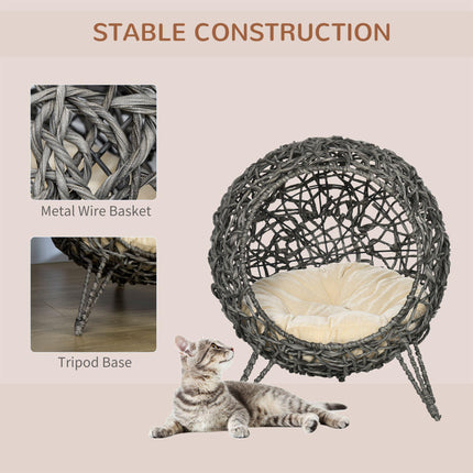 Rattan Elevated Ball-Shaped Cat Bed with Removable Cushion - Silver-Tone and Grey