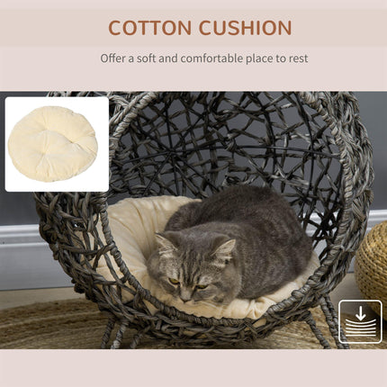 Rattan Elevated Ball-Shaped Cat Bed with Removable Cushion - Silver-Tone and Grey