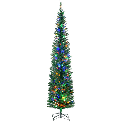 7.5' Pencil Shape Artificial Prelit Christmas Tree with Colourful LED Lights and Steel Base - Green