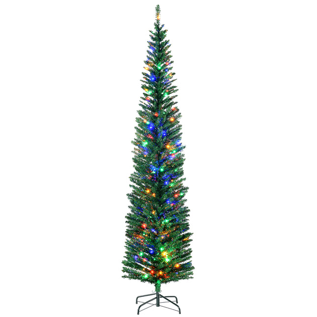 7.5' Pencil Shape Artificial Prelit Christmas Tree with Colourful LED Lights and Steel Base - Green