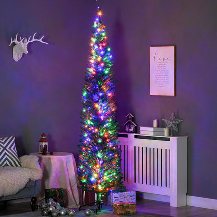 7.5' Pencil Shape Artificial Prelit Christmas Tree with Colourful LED Lights and Steel Base - Green