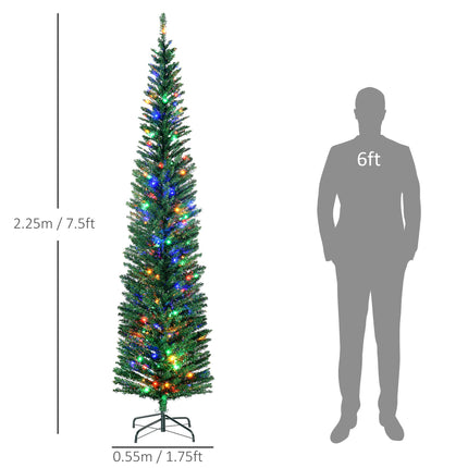 7.5' Pencil Shape Artificial Prelit Christmas Tree with Colourful LED Lights and Steel Base - Green