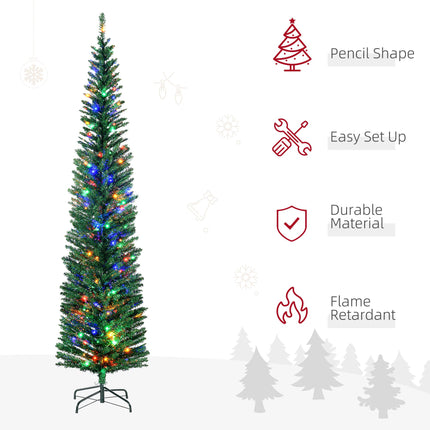 7.5' Pencil Shape Artificial Prelit Christmas Tree with Colourful LED Lights and Steel Base - Green