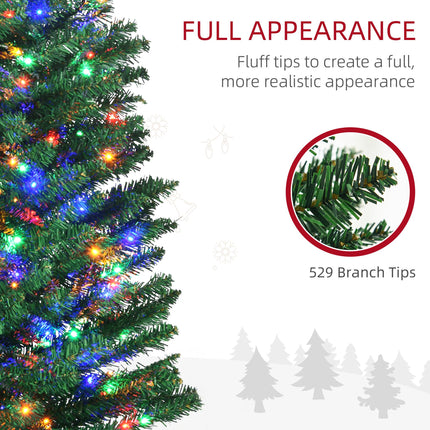 7.5' Pencil Shape Artificial Prelit Christmas Tree with Colourful LED Lights and Steel Base - Green