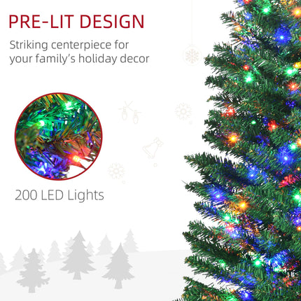 7.5' Pencil Shape Artificial Prelit Christmas Tree with Colourful LED Lights and Steel Base - Green