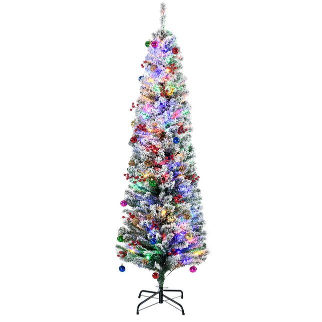 6' Prelit Artificial Christmas Tree with Warm White LED Lights, Flocked Tips, Berries & Pine Cones - Green
