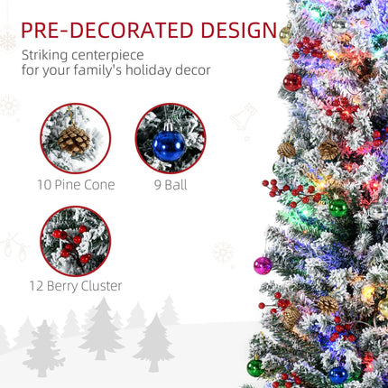 6' Prelit Artificial Christmas Tree with Warm White LED Lights, Flocked Tips, Berries & Pine Cones - Green