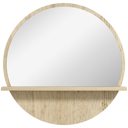 Round Wall Mounted Bathroom Mirror with Shelf for Makeup - Natural Wood Effect