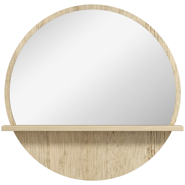 Round Wall Mounted Bathroom Mirror with Shelf for Makeup - Natural Wood Effect