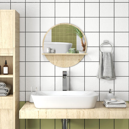 Round Wall Mounted Bathroom Mirror with Shelf for Makeup - Natural Wood Effect