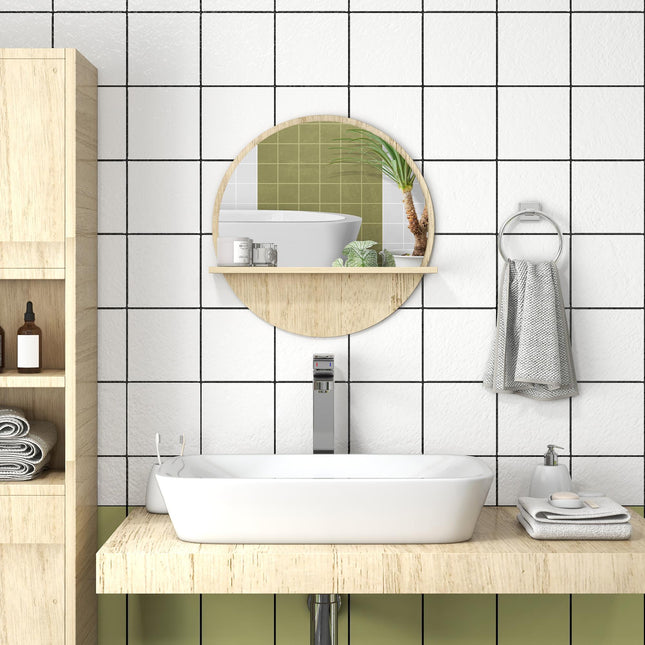 Round Wall Mounted Bathroom Mirror with Shelf for Makeup - Natural Wood Effect