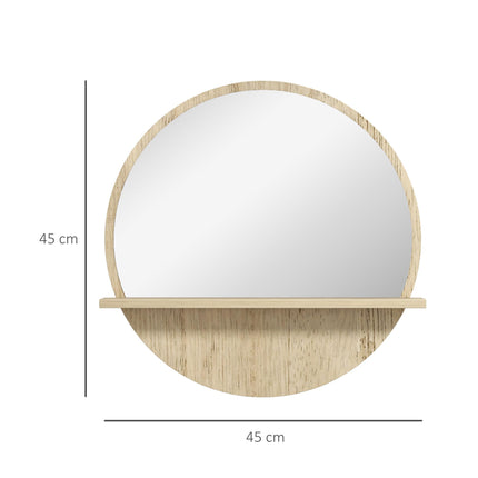 Round Wall Mounted Bathroom Mirror with Shelf for Makeup - Natural Wood Effect